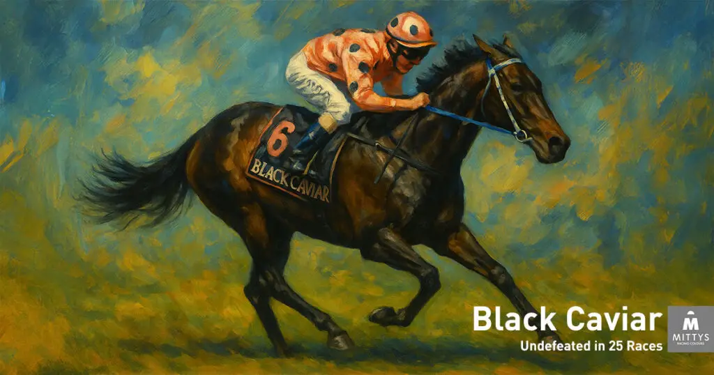 Abstract oil painting of Black Caviar in full stride with jockey Luke Nolen in salmon pink silks with black dots, saddle cloth showing full name BLACK CAVIAR.