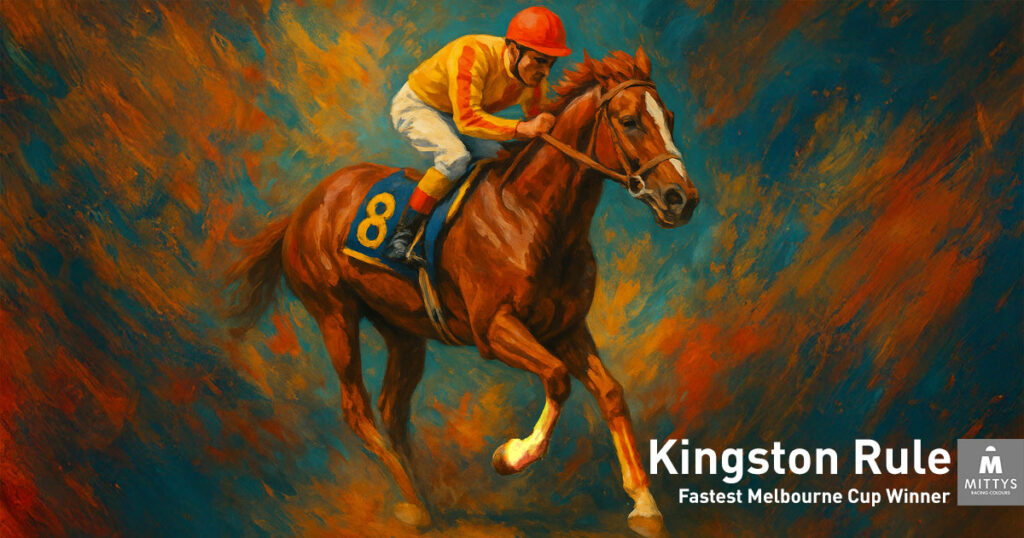 Abstract painting of Kingston Rule, the 1990 Melbourne Cup winner, with jockey Darren Beadman in yellow silks with red stripes, blue saddle cloth number 8.